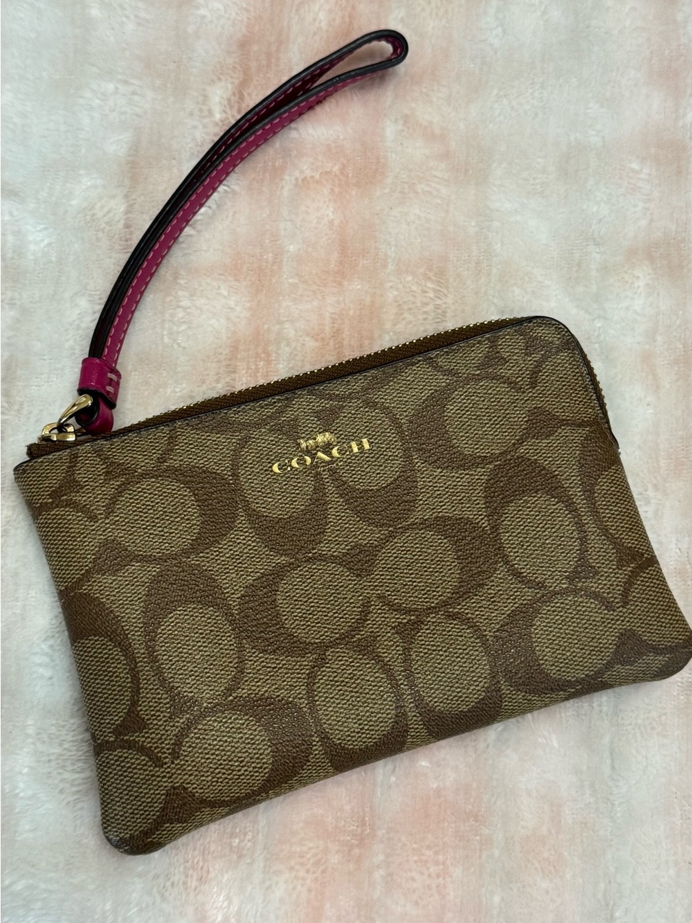 Coach Brown Signature Canvas Wristlet with Pink Strap